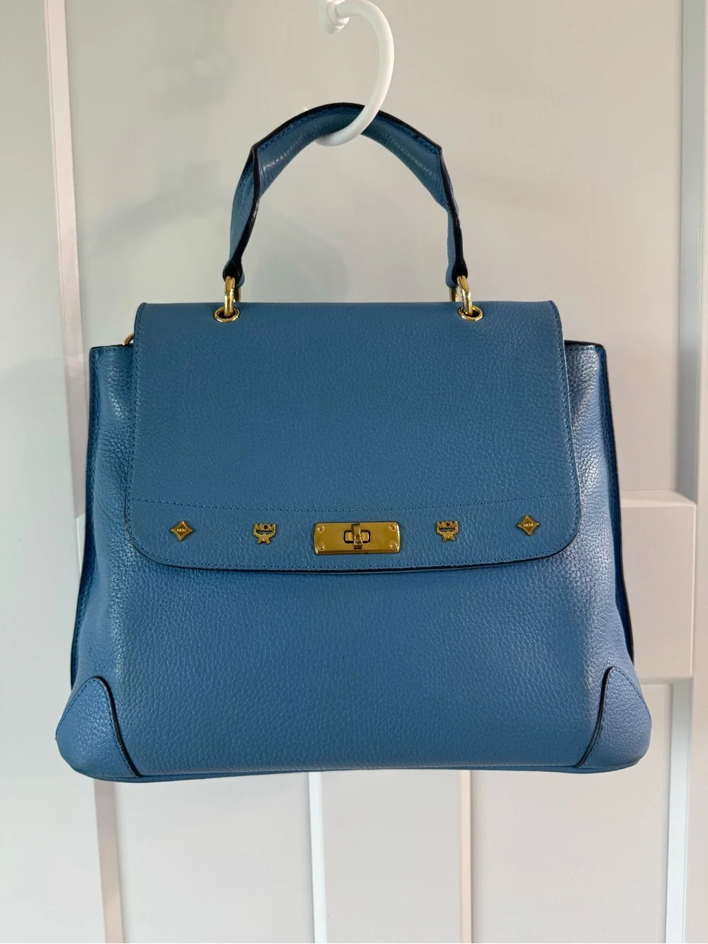 MCM Blue Leather Top-Handle Satchel with Gold Hardware